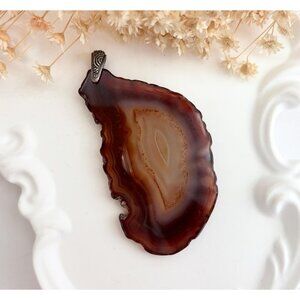 Brown Sliced Banded Agate Geode Crystal Freeform Large Silver Vintage Pendant